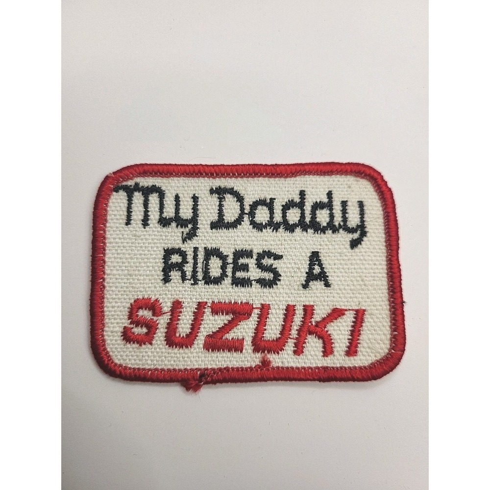 Vintage My Daddy Rides a Suzuki Motorcycle Biker Riding Iron On Patch Red White